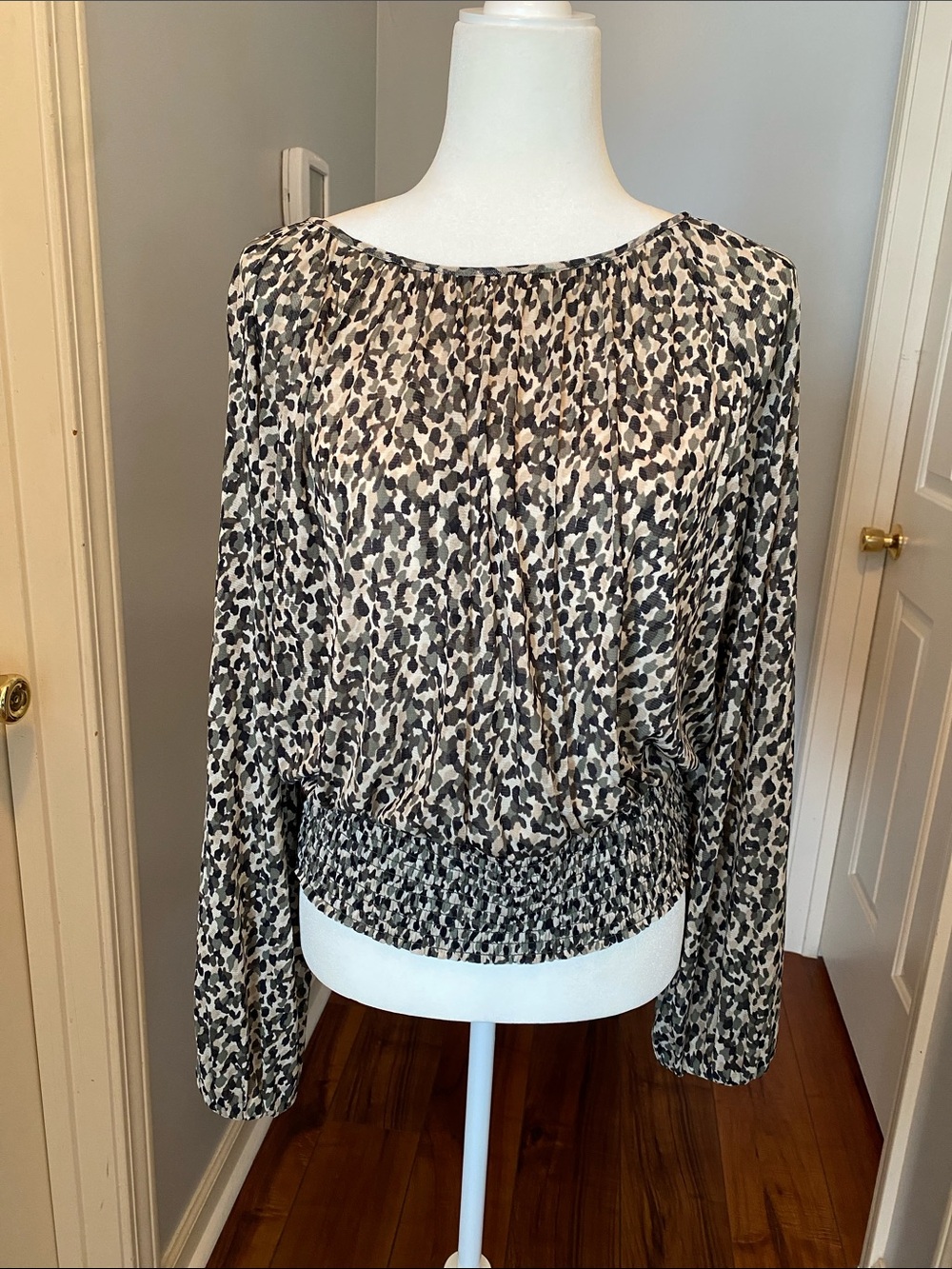 White House Black Market Black and Cream Animal-Print Long-Sleeve Blouse